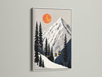 White frame highlighting the mountain ski lift artwork. This fine art print is perfect for minimalist decor. Imagine this alpine landscape in your cabin. This winter sports poster adds a touch of adventure. Enhance your space with ski lodge artwork.