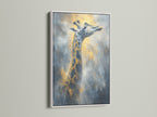 This giraffe art is presented in a clean white frame. The white frame offers a modern look for this wildlife artwork. Ideal for modern art print lovers. The contrast highlights the gold decor.