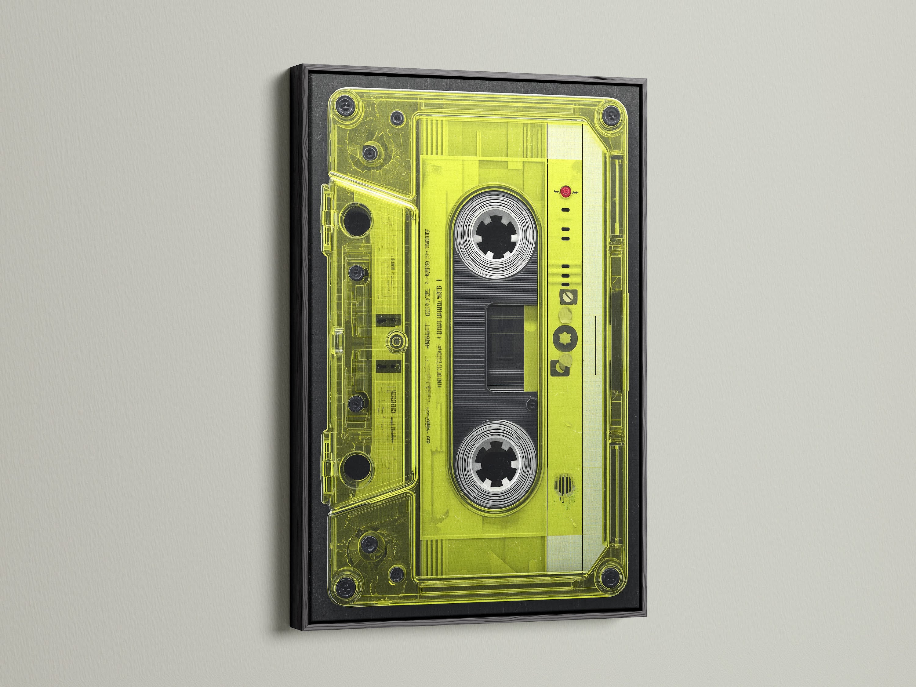 Vintage Cassette Tape artwork with a black frame. This retro music wall decor brings 80s nostalgia. Neon green art makes a bold statement. This vintage music print is perfect for a studio. Cassette wall art for music rooms.