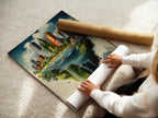 A woman carefully rolling a fine art poster paper featuring a cityscape island artwork. The fantasy print showcases a whimsical floating metropolis. This high-quality poster paper ensures vibrant colors and sharp details. It is perfect for art enthusiasts seeking unique wall art. It's ready to be framed and displayed.