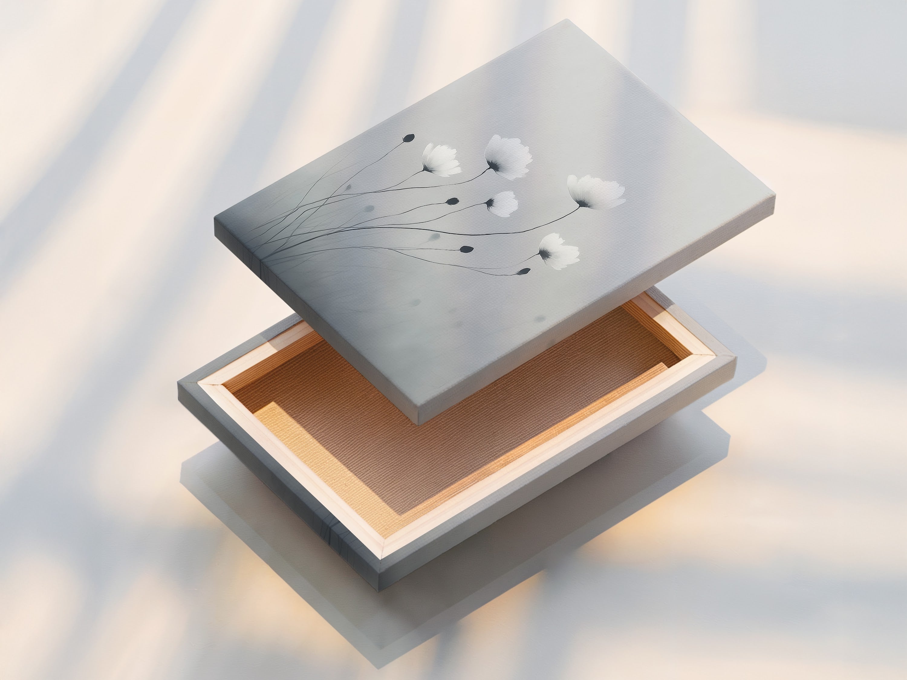 This stretched canvas print displays minimalist flower artwork. The soft gray and white botanical wall art is ready to hang. This modern canvas art is perfect for any room. Stretched canvas provides a clean contemporary look for nature prints.