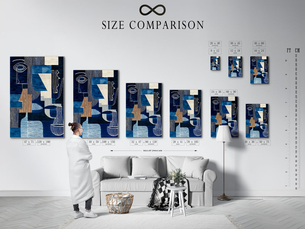 A size comparison chart displayed in an interior showcases our abstract blue artwork. Visualize the perfect fit for your space. The modern geometric print is ideal for living rooms bedrooms or offices. Find the perfect size for your wall art needs!