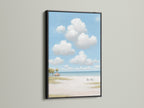 This is a beach scene artwork in a black frame. The ocean view print is a great addition to any room. Bring the coast home with calming wall art. Perfect for a bedroom.