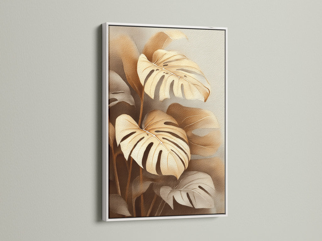 Monstera plant artwork showcased in a white frame. This botanical print provides a clean fresh look. The tropical leaf artwork complements any color scheme. Its neutral tones work well in modern interiors. It is a stylish touch for living spaces.