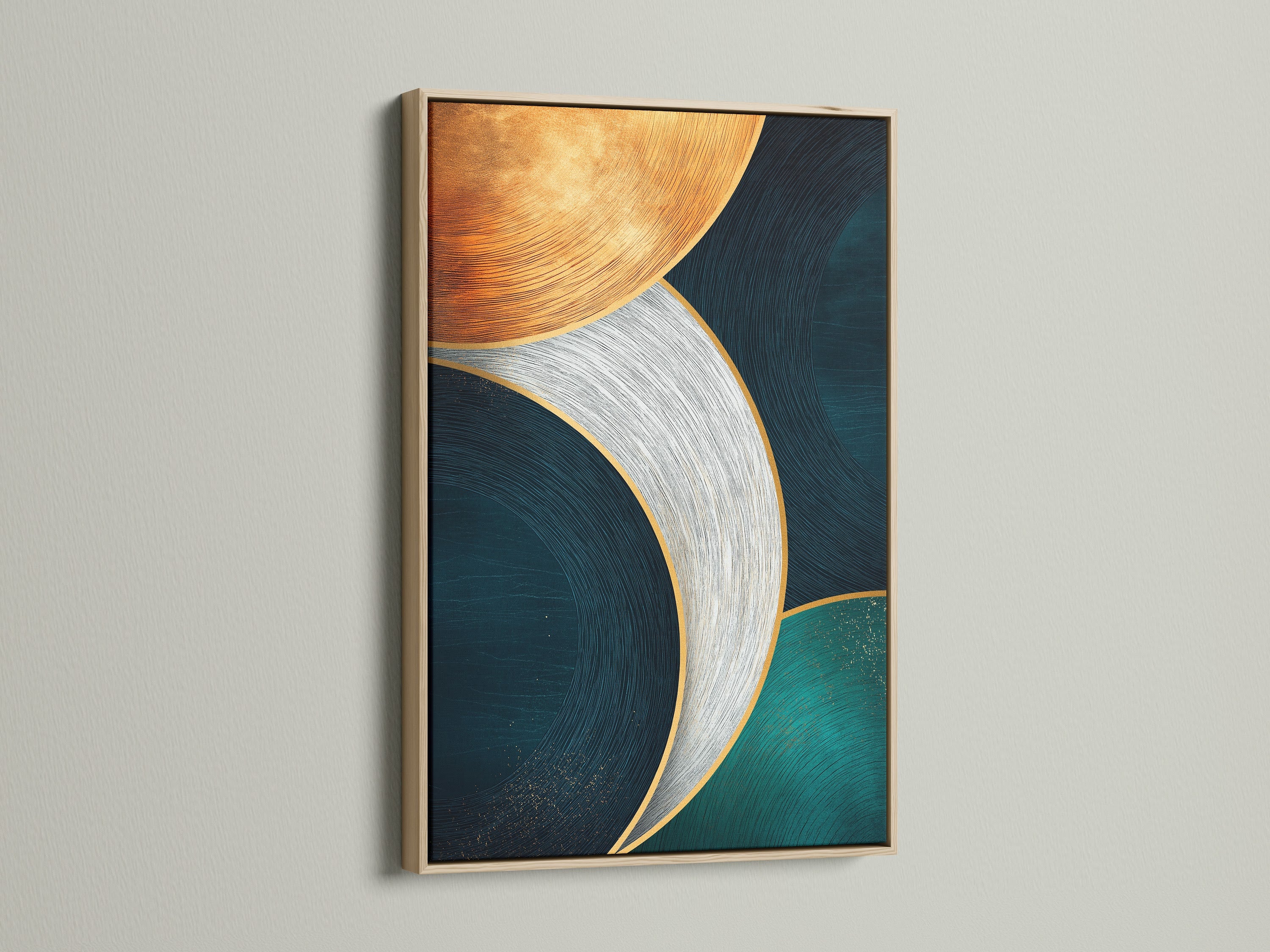 This oak frame showcases a stunning abstract geometric art print. The artwork features teal navy and gold curved lines. Perfect for modern home decor this contemporary piece enhances bedroom wall decor. The oak frame adds a touch of natural elegance to your space.