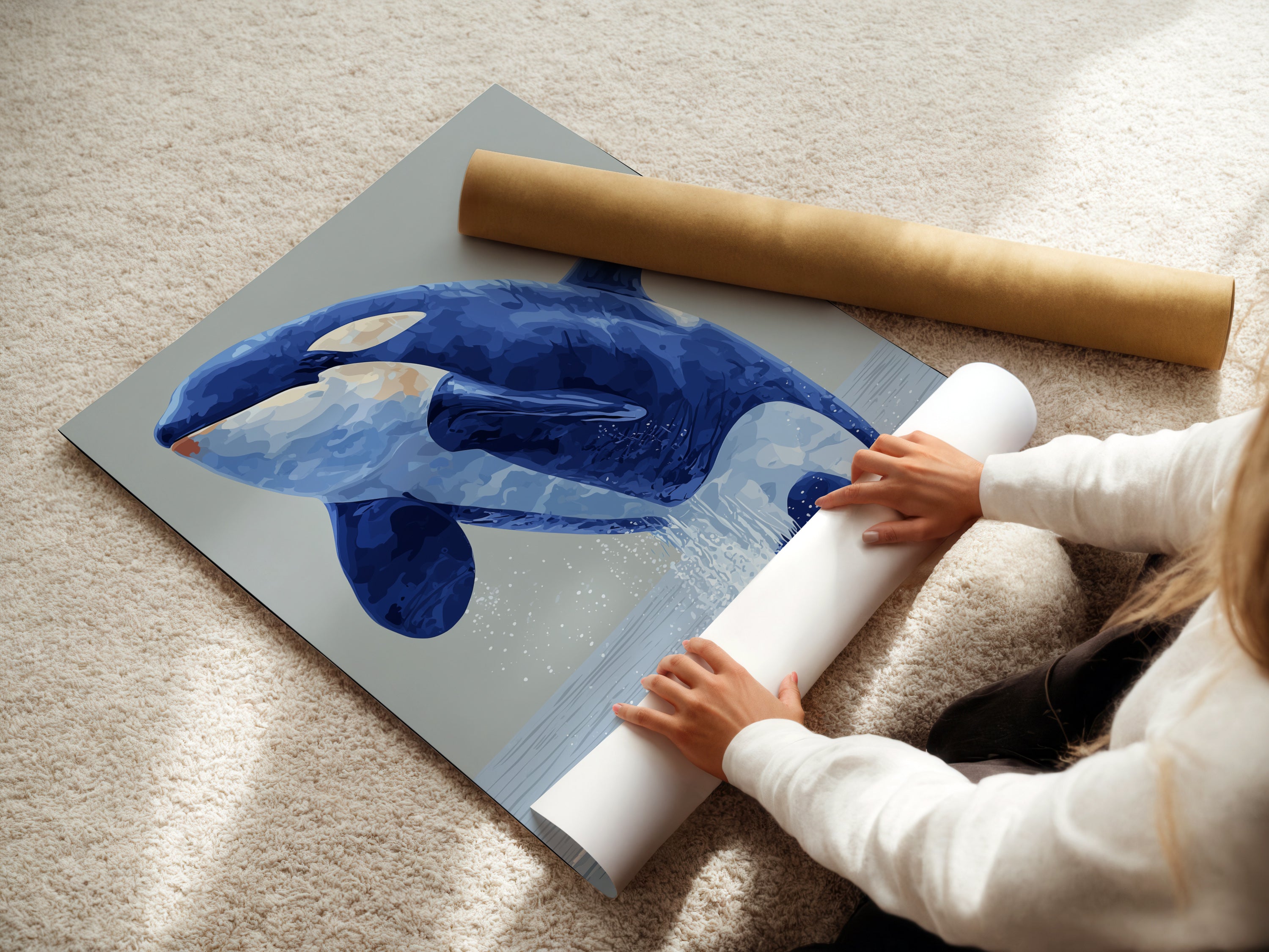 See the craftsmanship behind our fine art poster paper. A woman expertly rolls a print. Ensuring a perfect finish for your Orca Whale artwork. This high-quality paper enhances the beauty of our marine animal prints. Perfect for creating stunning coastal wall decor. Explore our collection and bring a touch of the ocean into your home.