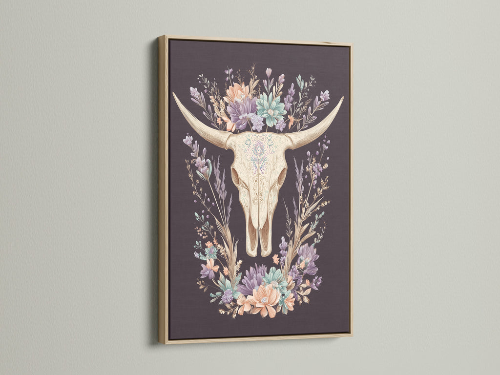 Artwork featuring a bovine skull with floral elements. It is encased in an oak frame. The oak frame enhances the artwork's rustic charm. Ideal for complementing a variety of interior styles. This frame option provides a natural aesthetic.