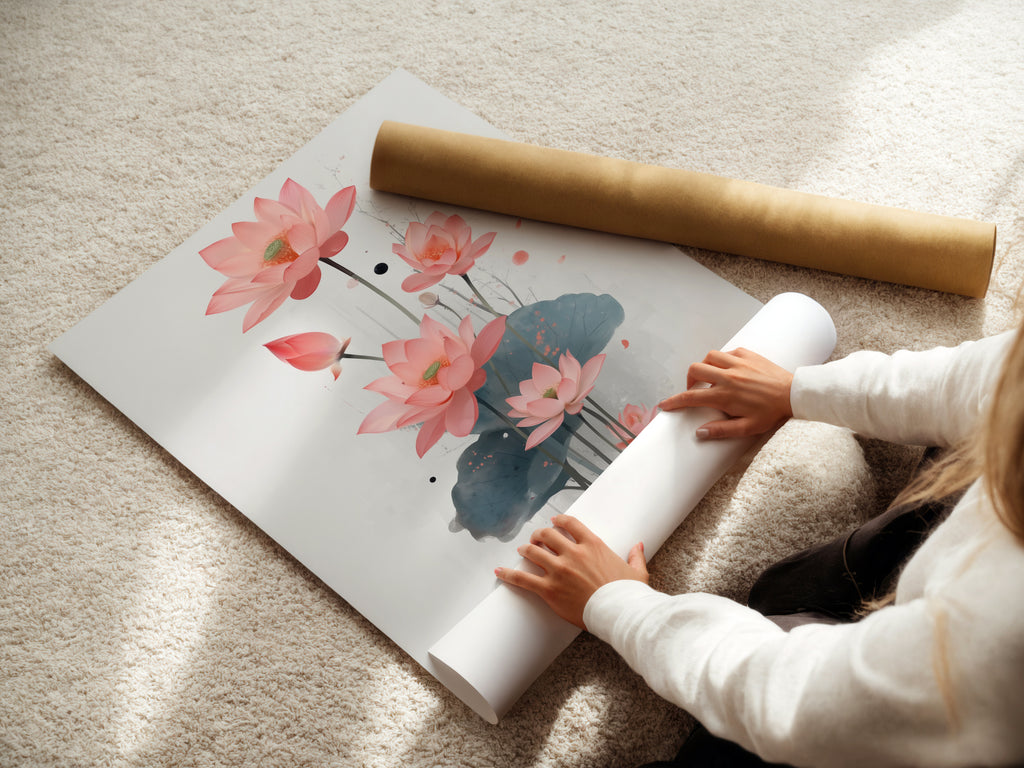 A woman carefully rolls a fine art poster paper featuring a lotus flower art print. This high-quality paper ensures your floral canvas looks its best. Perfect for creating stunning bedroom art. The fine art poster paper enhances the botanical print. Get ready to decorate your walls with beautiful flower artwork.