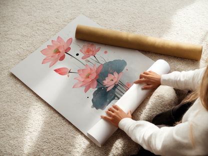 A woman carefully rolls a fine art poster paper featuring a lotus flower art print. This high-quality paper ensures your floral canvas looks its best. Perfect for creating stunning bedroom art. The fine art poster paper enhances the botanical print. Get ready to decorate your walls with beautiful flower artwork.