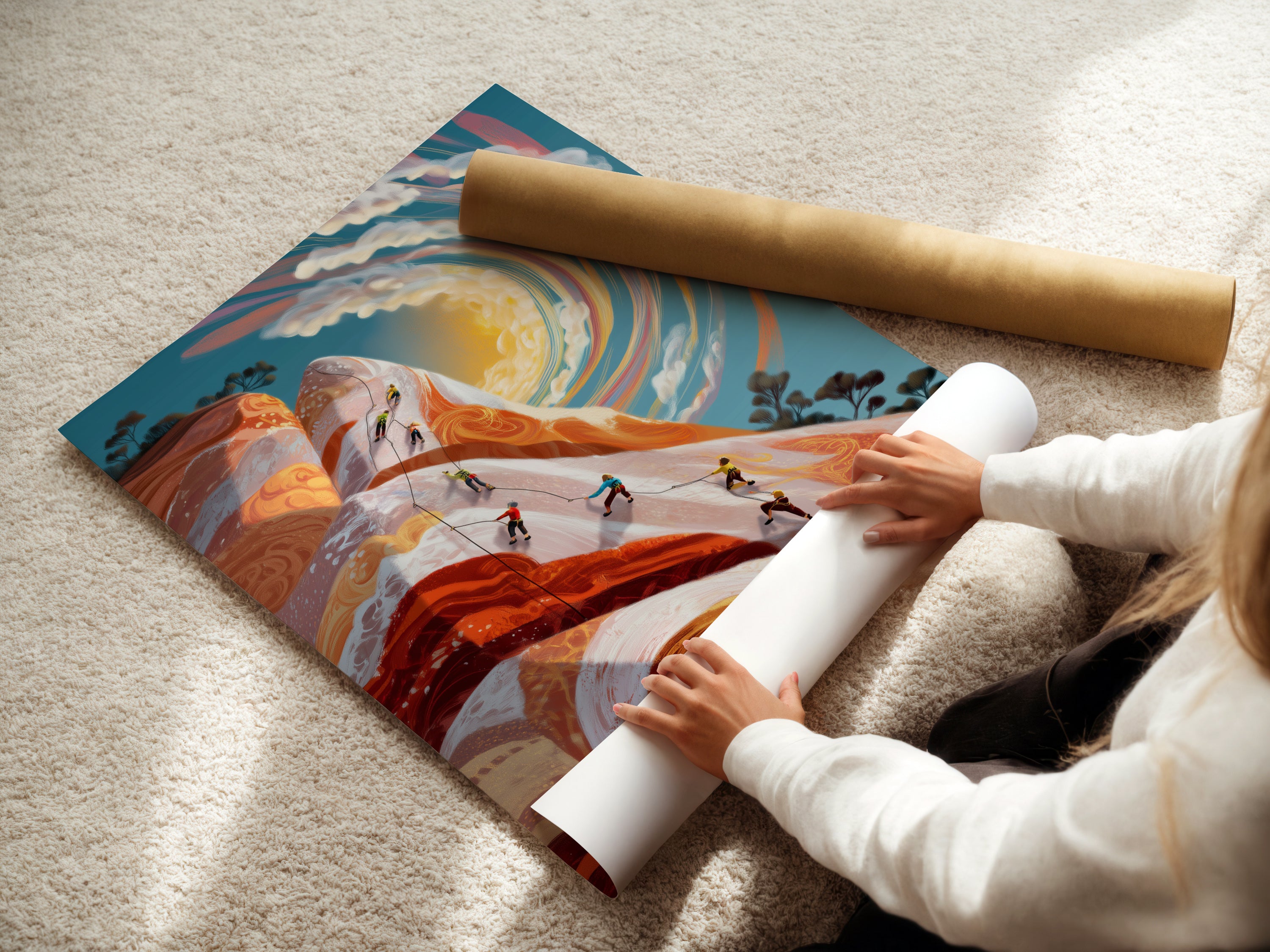 A woman is carefully rolling a fine art poster paper. This showcases the care in handling mountain climbing artwork. It is designed for fitness enthusiasts. The adventure print is perfect for your home gym or personal studio. It is an excellent gift for climbers.