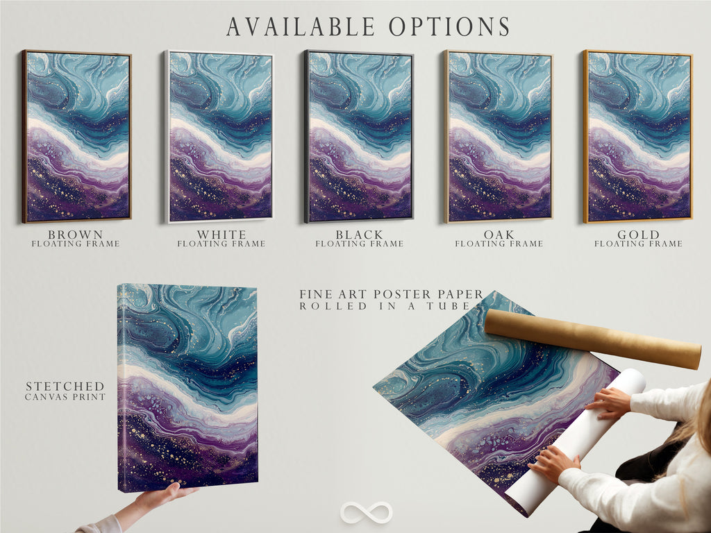 Available options for Abstract Ocean Wave artwork are displayed. Choices include stretched canvas prints fine art poster paper and floating frames. The teal and purple fluid art is perfect for contemporary coastal decor. Customize your modern wall art to match your unique style today