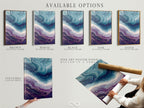 Available options for Abstract Ocean Wave artwork are displayed. Choices include stretched canvas prints fine art poster paper and floating frames. The teal and purple fluid art is perfect for contemporary coastal decor. Customize your modern wall art to match your unique style today