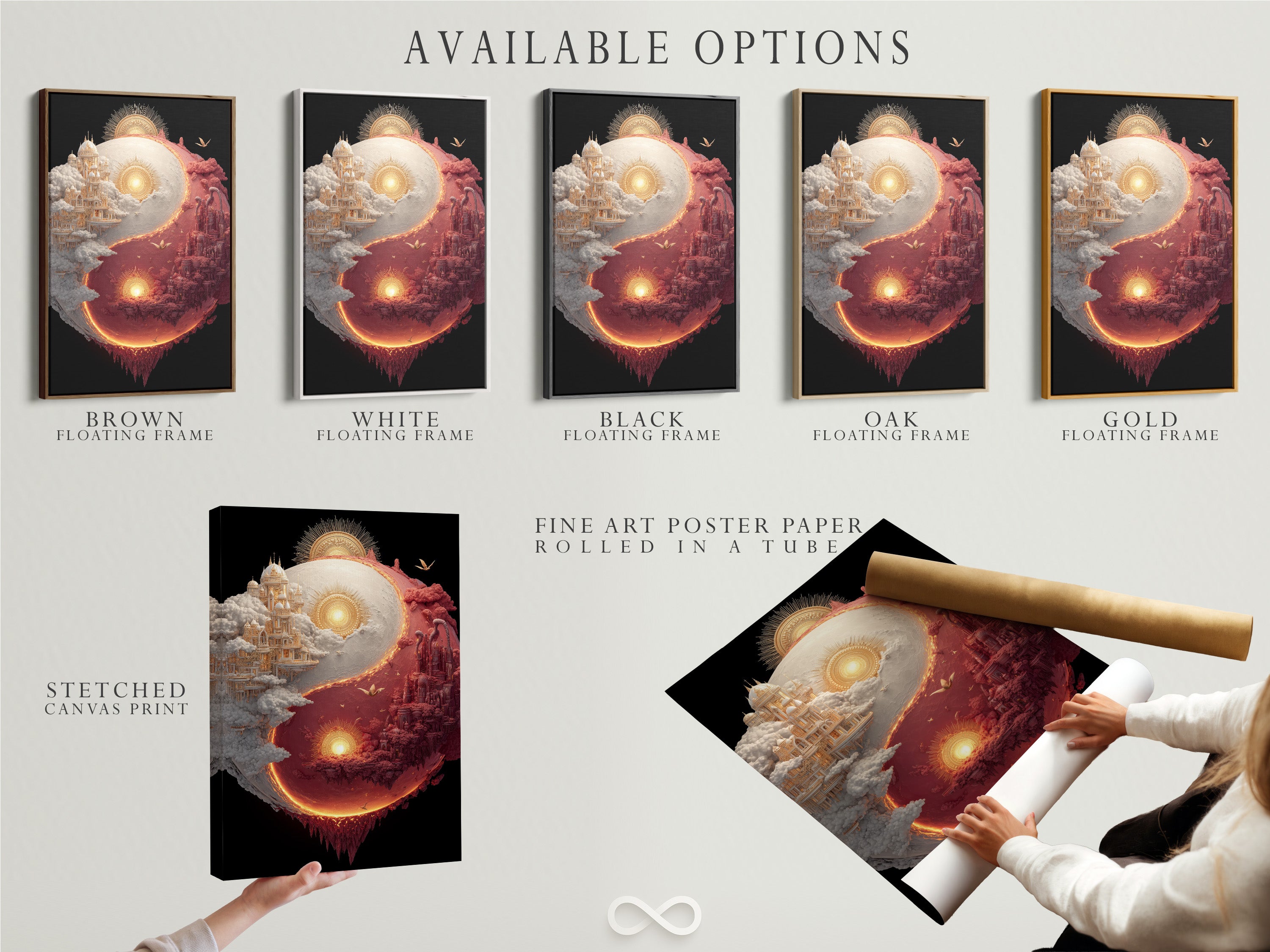 Available options include a stretched canvas print. You can also choose fine art poster paper. Another option is a floating frame. Select the perfect format for your unique artwork. Each option enhances your art.