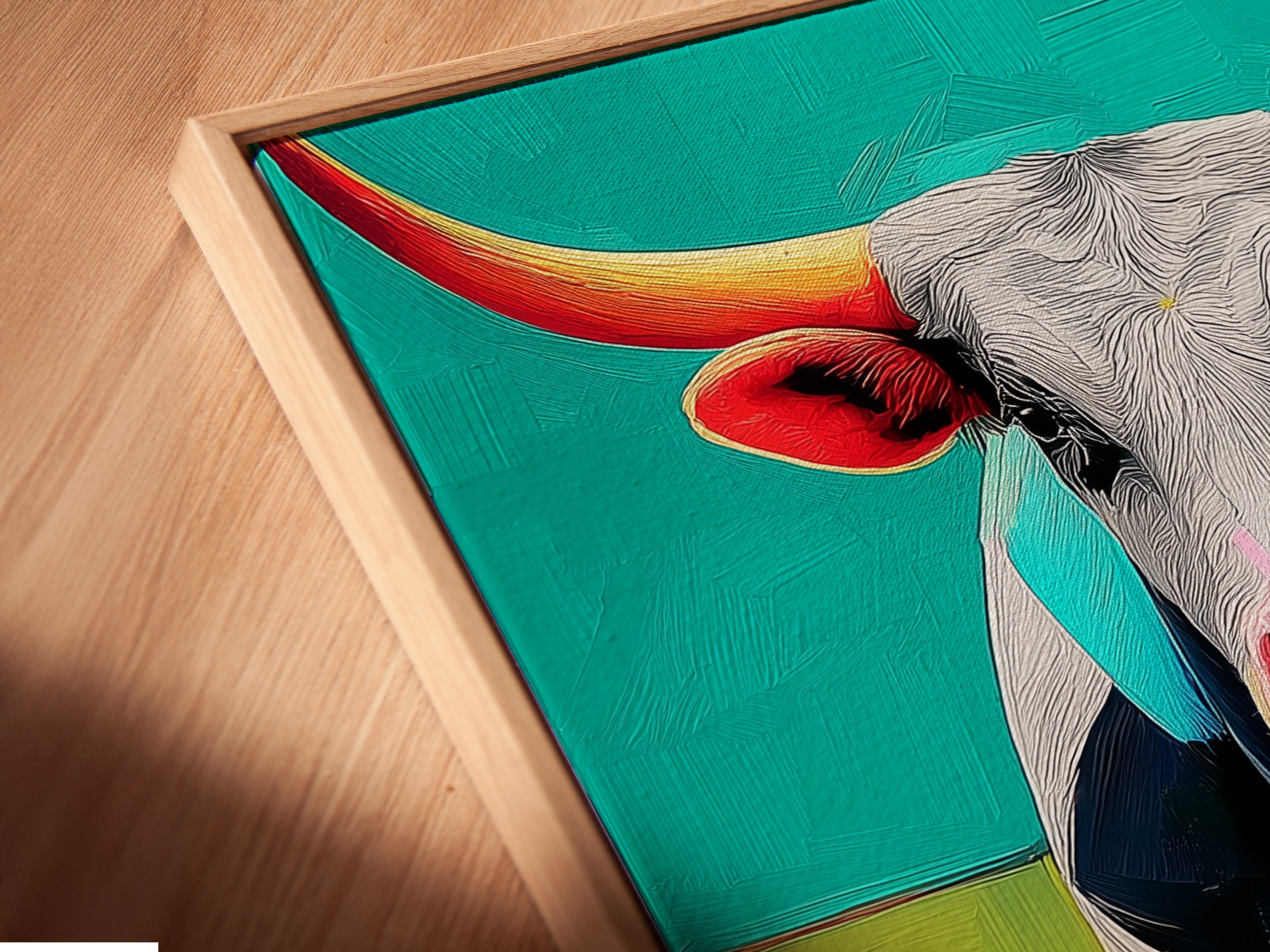 A close-up angled view of a canvas print in a floating frame. The Longhorn Steer artwork adds depth to any space. It is a modern animal artwork piece. The farmhouse decor is enhanced by this unique presentation. The steer painting is displayed beautifully in the floating frame.