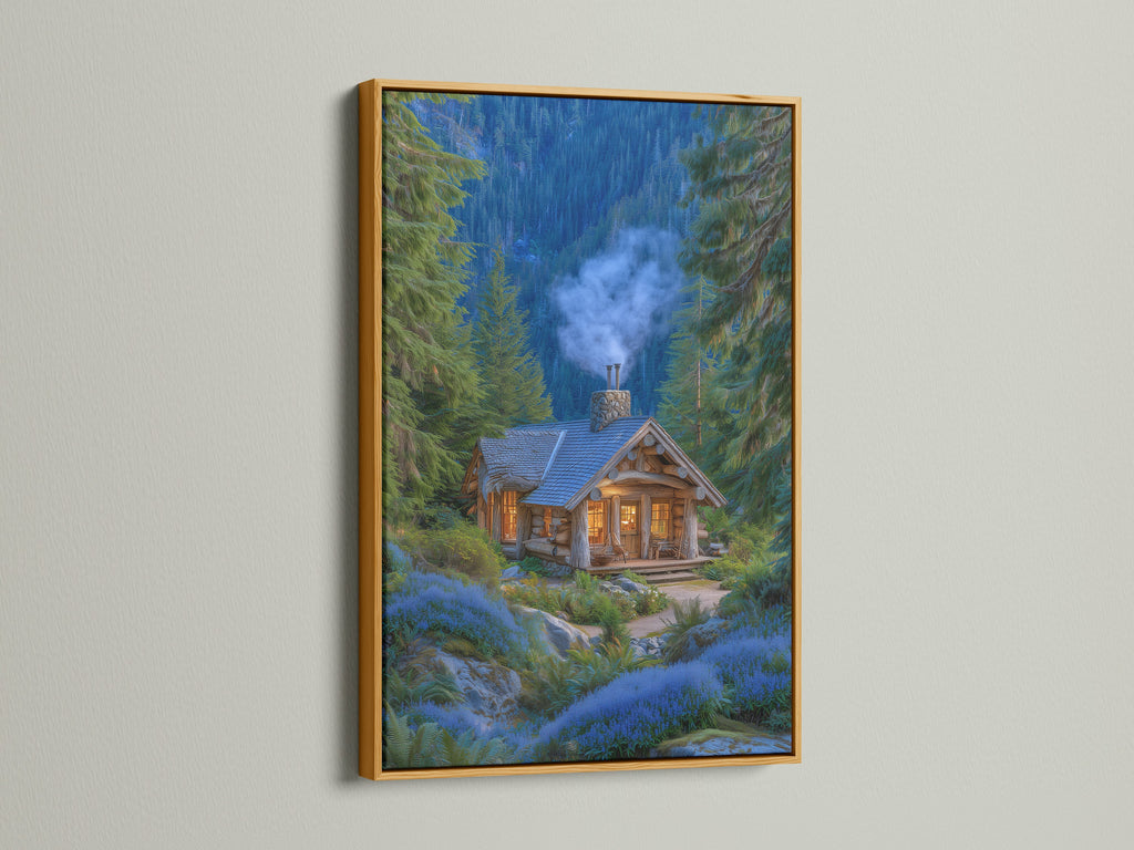 A framed forest cabin artwork with a gold frame is displayed. The artwork features a cozy mountain lodge nestled among pine trees and blue flowers. This rustic woodland cottage art brings nature indoors. The gold frame adds a touch of elegance and warmth.