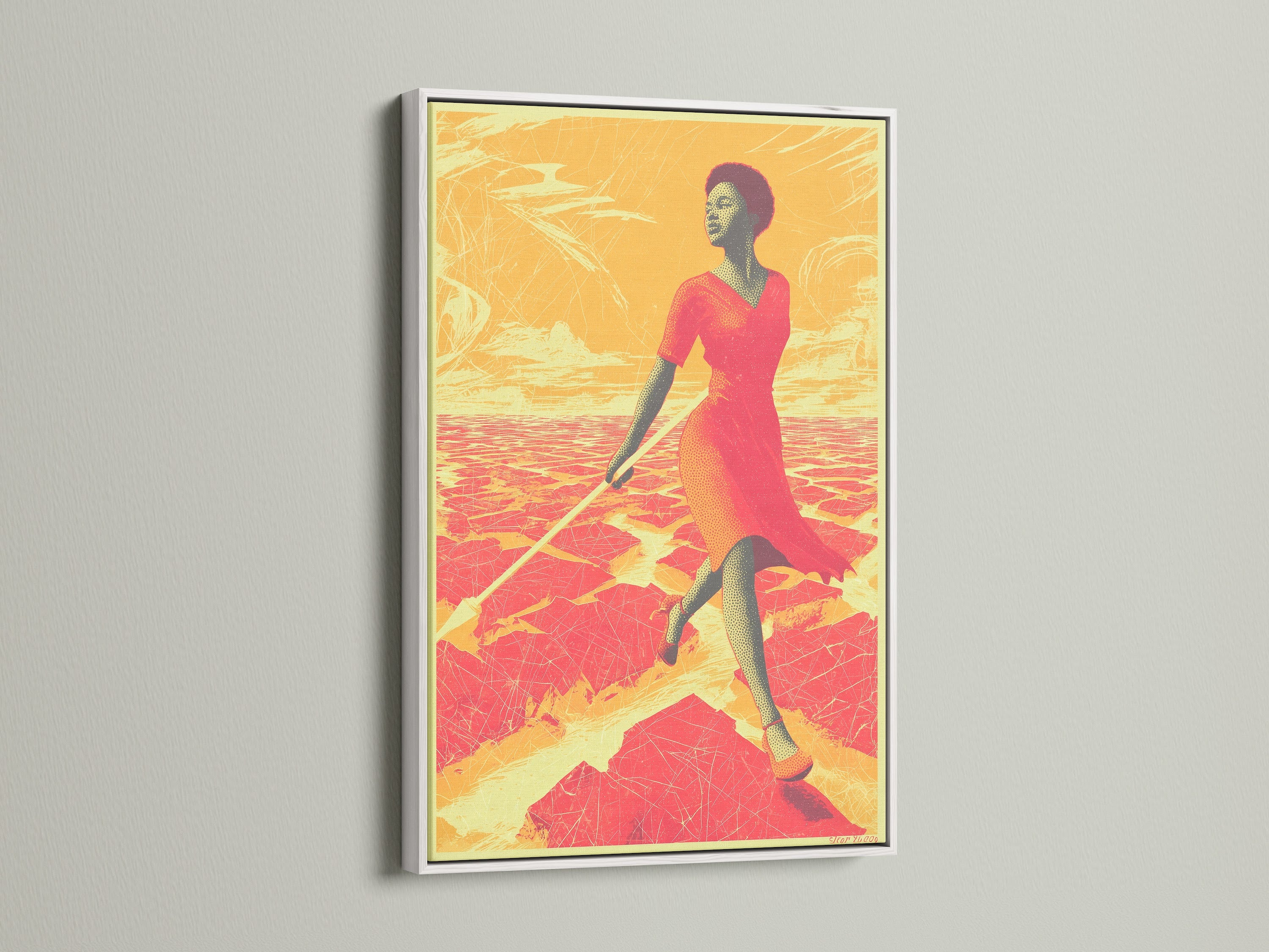 The African Woman Art Print is displayed in a white frame. This artwork brings a modern touch to any room. The desert sunset canvas creates a warm ambiance. It's an ideal piece of figure wall art.