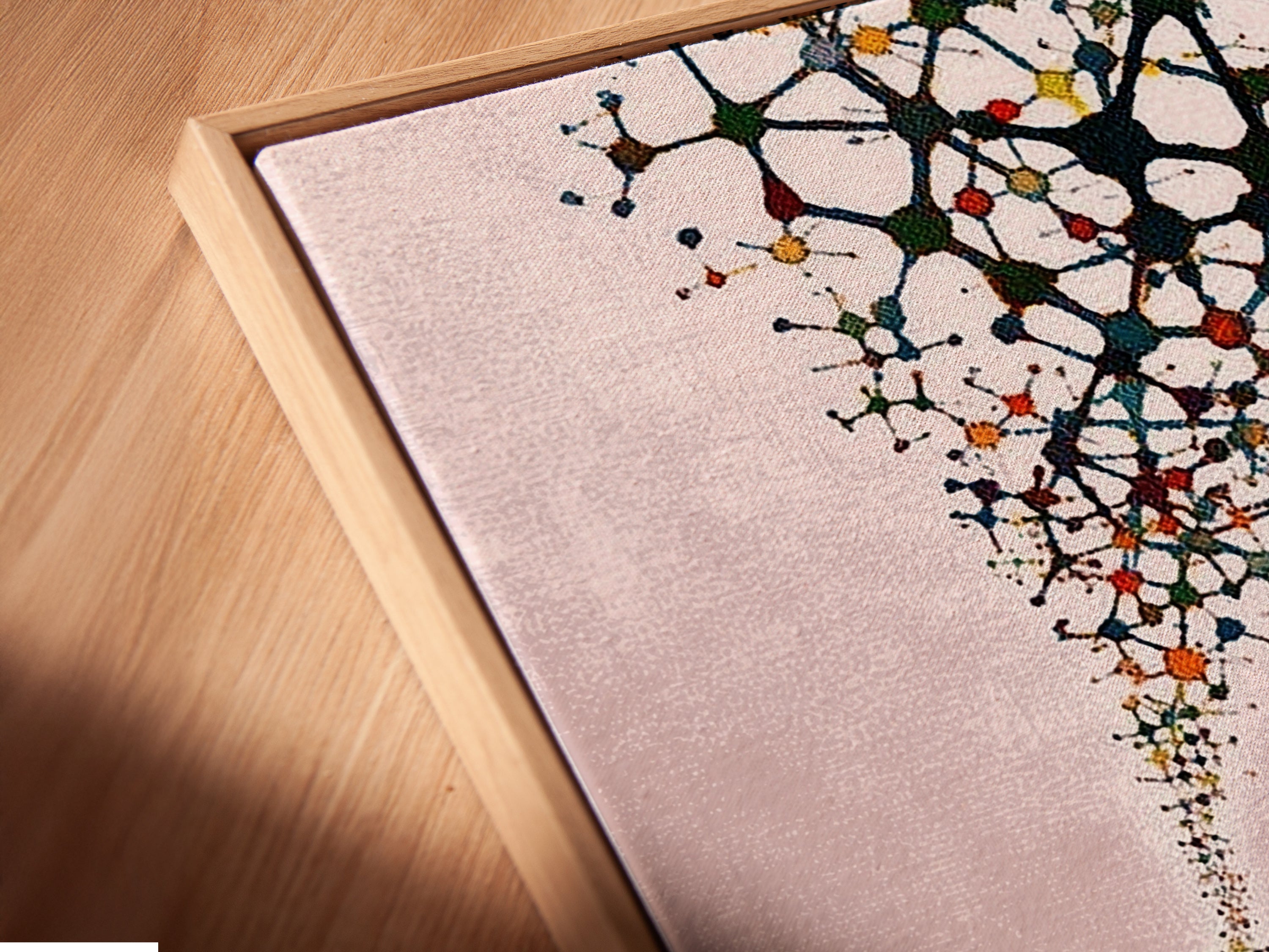 A close-up of the canvas print in a floating frame is visible. The abstract silhouette artwork stands out. It's perfect for modern wall decor. This minimalist print enhances any space. A beautiful piece of contemporary art.