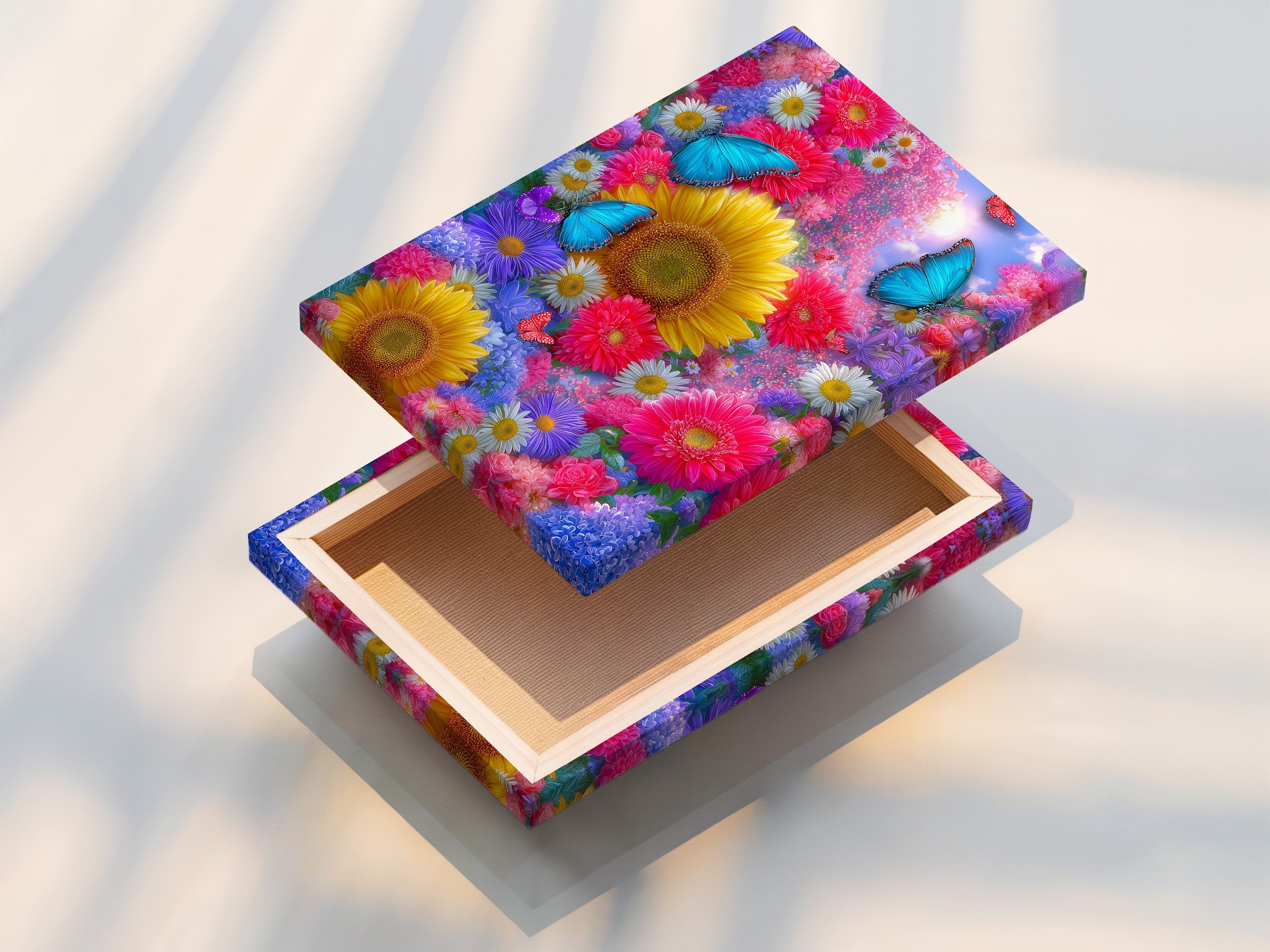 The stretched canvas print of butterfly flower garden artwork is displayed. The artwork features sunflowers and butterflies. The stretched canvas provides a gallery-ready look. Perfect for homeowners and renters. This vibrant art print is easy to hang and enjoy.