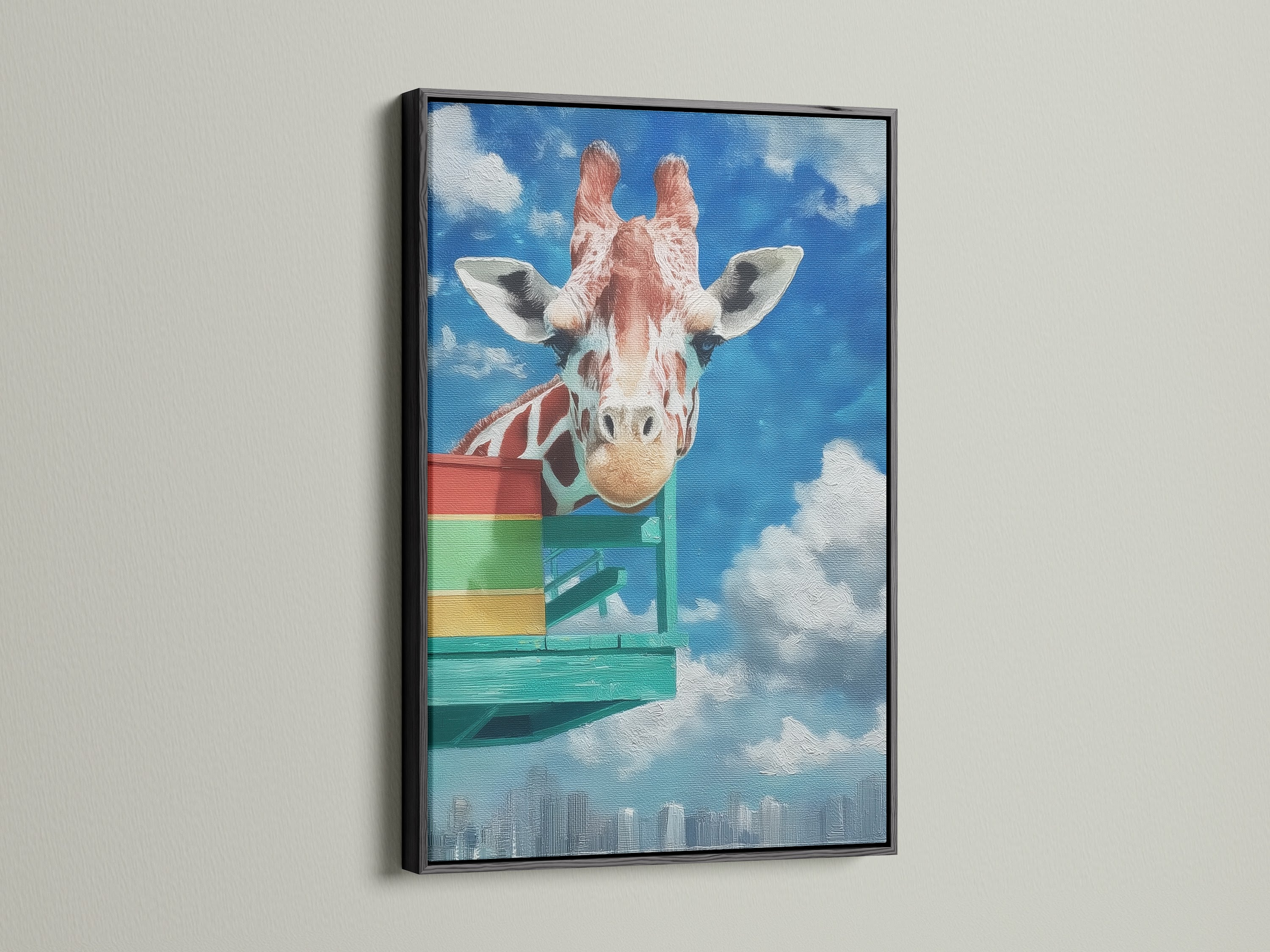 The giraffe artwork print stands out in a sleek black frame. The cityscape print offers a modern and playful aesthetic. This animal artwork is great for kids rooms or nurseries. The black frame provides a sophisticated contrast. Add a touch of whimsy with this canvas art.