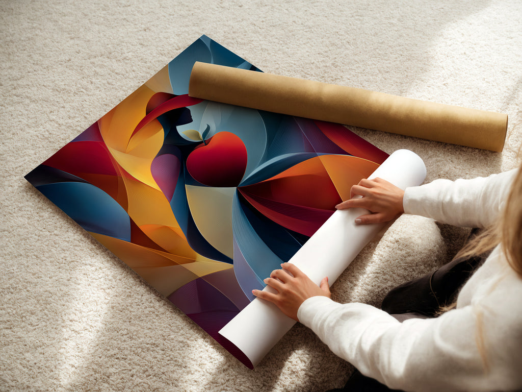 A woman carefully rolls a fine art poster paper. The paper is high-quality and archival grade. This ensures longevity for your artwork. Fine art posters are a great option for art prints.
