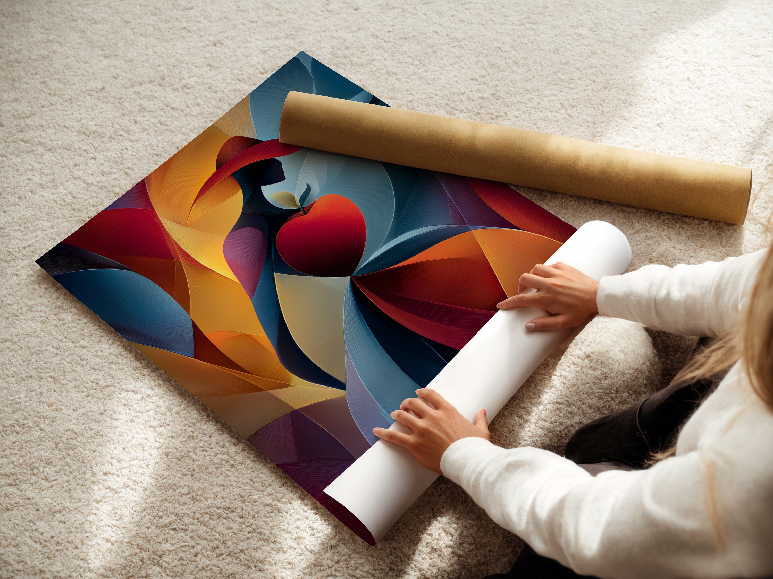 A woman carefully rolls a fine art poster paper. The paper is high-quality and archival grade. This ensures longevity for your artwork. Fine art posters are a great option for art prints.