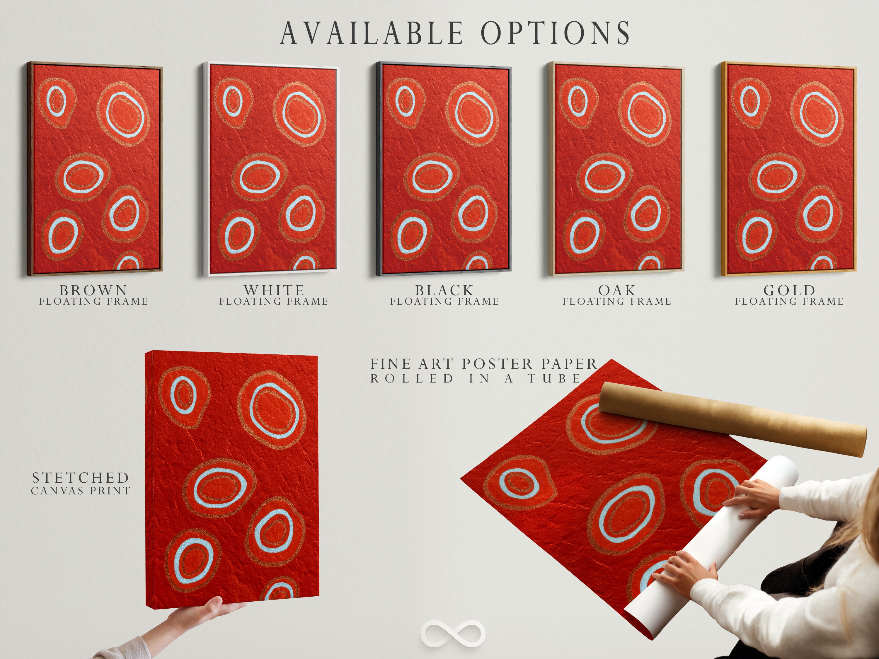 Explore available options including stretched canvas prints fine art poster paper and floating frames. Find the perfect medium for abstract red art. Customize your modern wall decor to suit your style. Discover high-quality materials and presentation options. Choose the ideal format for your geometric artwork.