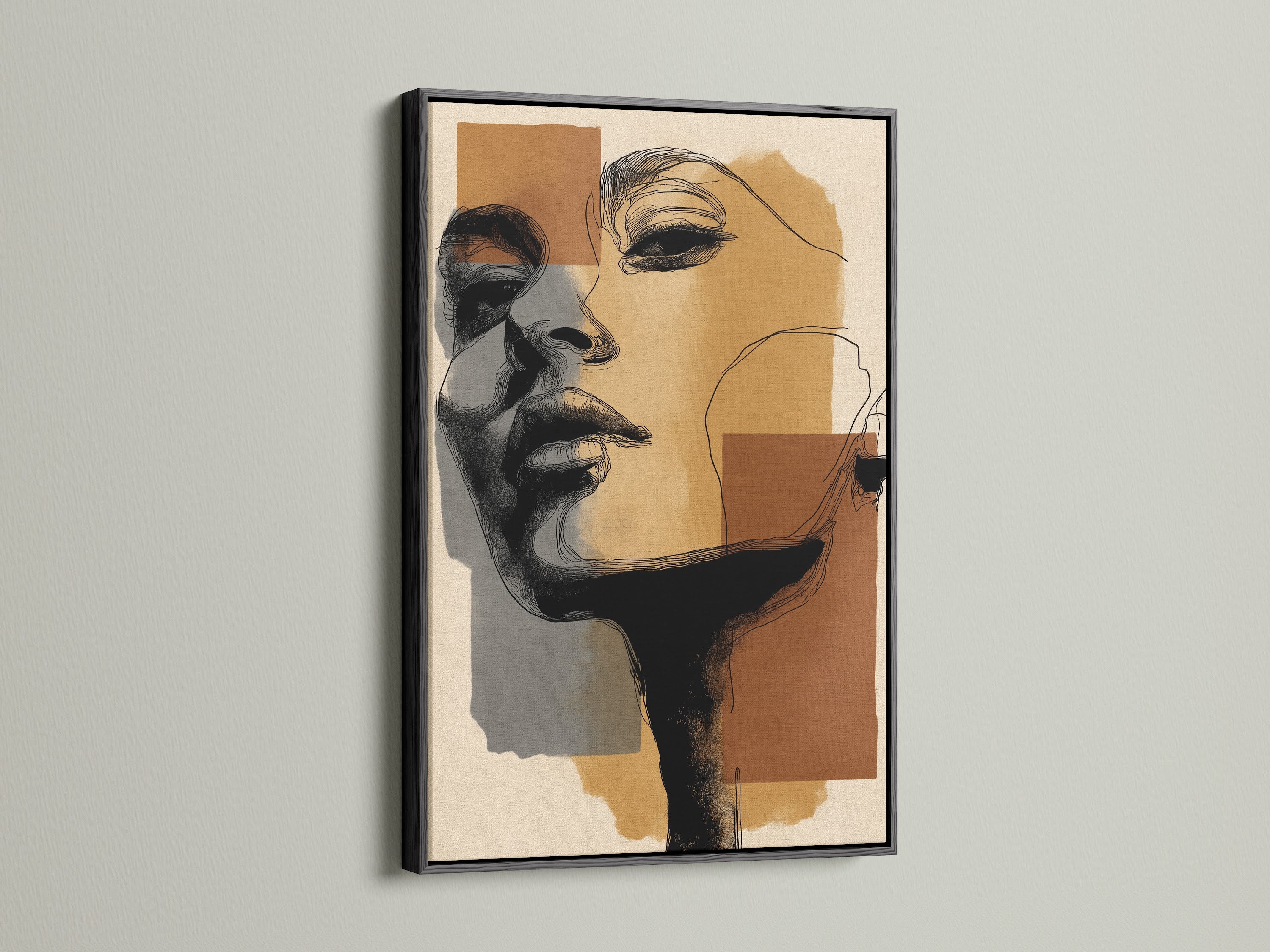 Abstract Portrait Canvas Print with a black frame. Modern figurative wall art adds sophistication to any room. Minimalist face drawing in a contemporary style. Perfect for minimalist aesthetics.