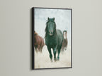 Wild horses artwork in a black frame. This rustic artwork adds a touch of the Wild West to any room. Perfect for living rooms bedrooms or offices seeking a country or farmhouse style. This artwork is great for ranchers or anyone that appreciates wildlife art. A black frame offers a modern touch.
