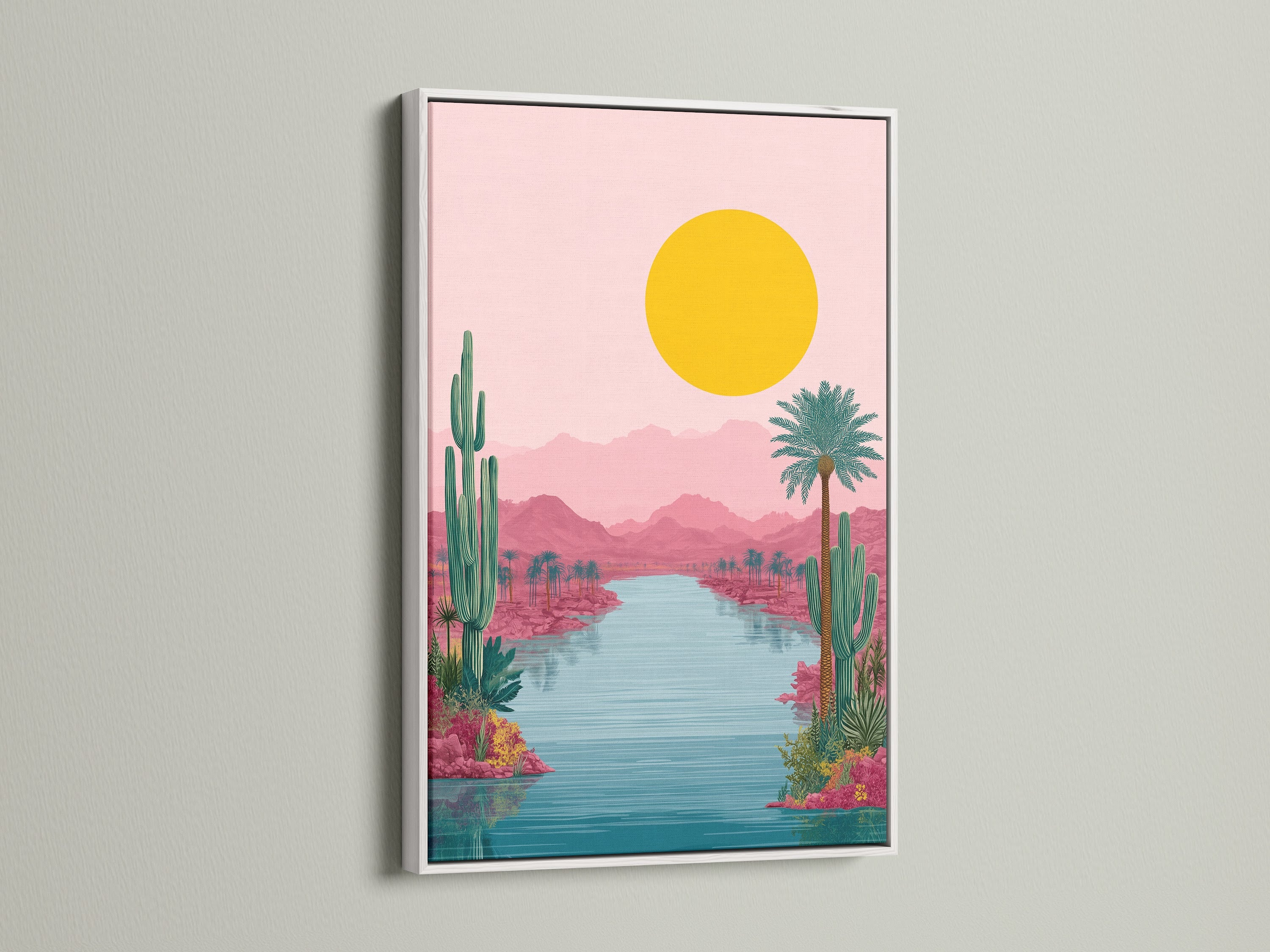 The Desert Oasis artwork is beautifully presented in a white frame. The contrast enhances the pink and teal colors. It creates a striking visual impact. The artwork adds a fresh and airy feel to your home decor. This is ideal for creating a serene atmosphere.