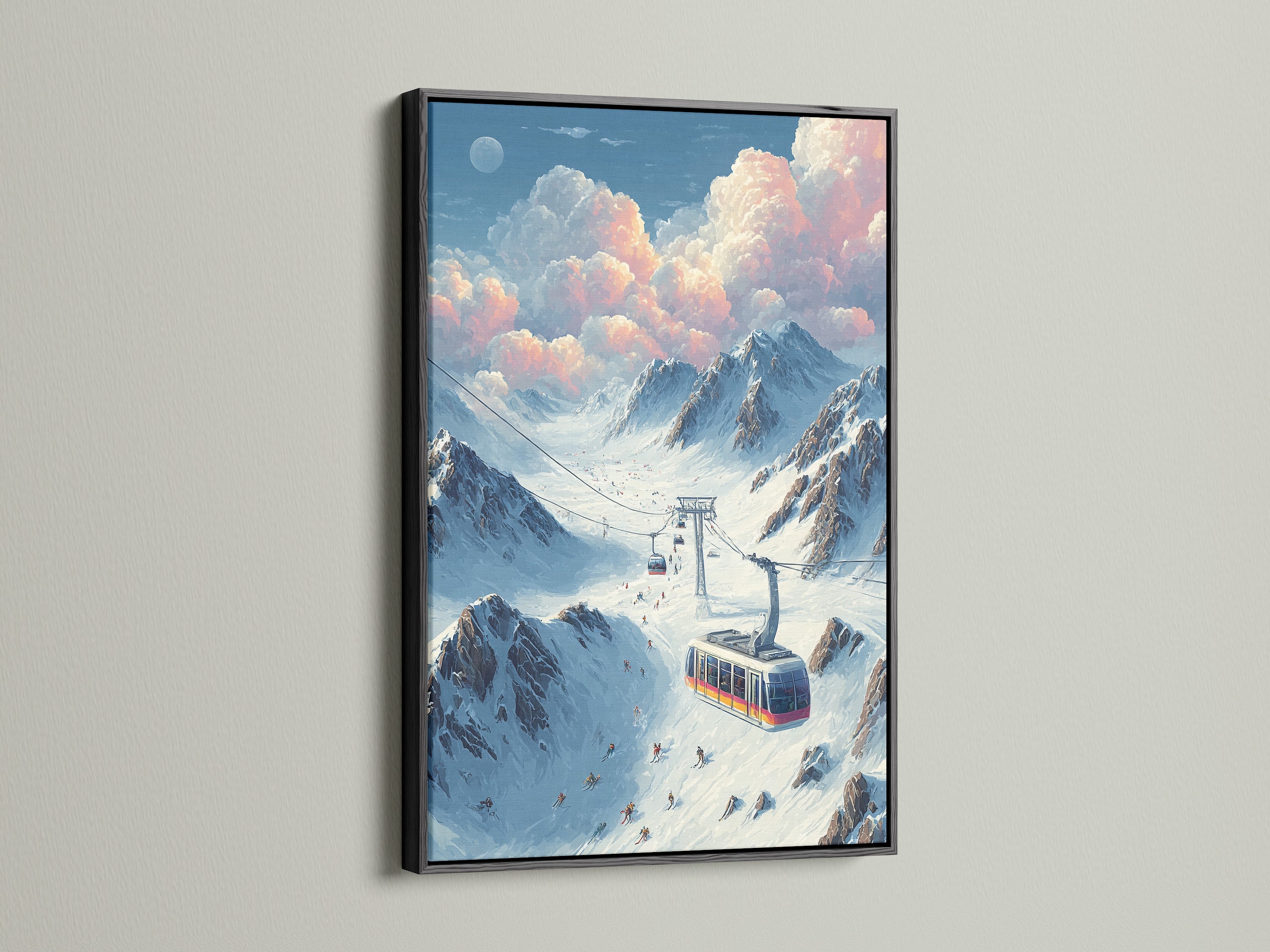 Vintage ski lift art print presented in a black frame. The artwork illustrates an alpine mountain with a vintage ski lift. This mountain artwork is perfect for adding a touch of retro charm to any space. It's a striking piece for any room.