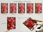 Available options are presented: stretched canvas print fine art poster paper and floating frame. Showcasing the abstract red artwork. The textured impasto wall art offers versatility for any space. This contemporary palette knife painting suits diverse preferences. It is perfect for modern home art.