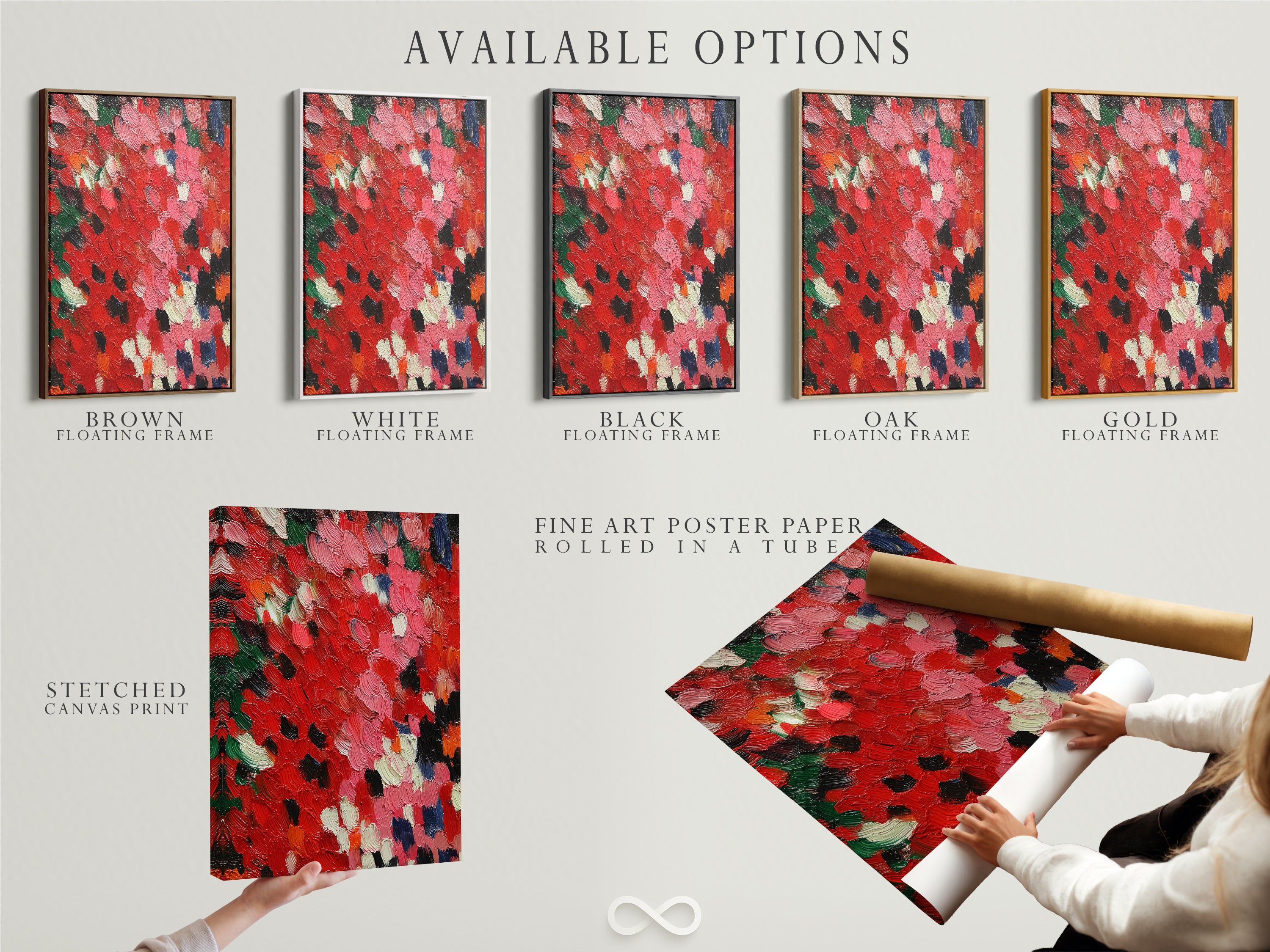 Available options are presented: stretched canvas print fine art poster paper and floating frame. Showcasing the abstract red artwork. The textured impasto wall art offers versatility for any space. This contemporary palette knife painting suits diverse preferences. It is perfect for modern home art.