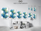 A size comparison chart displayed in an interior setting. See how different sizes of blue floral canvas prints fit in your space. Visualize the impact of botanical wall art on your walls. Find the perfect size for your bedroom decor.