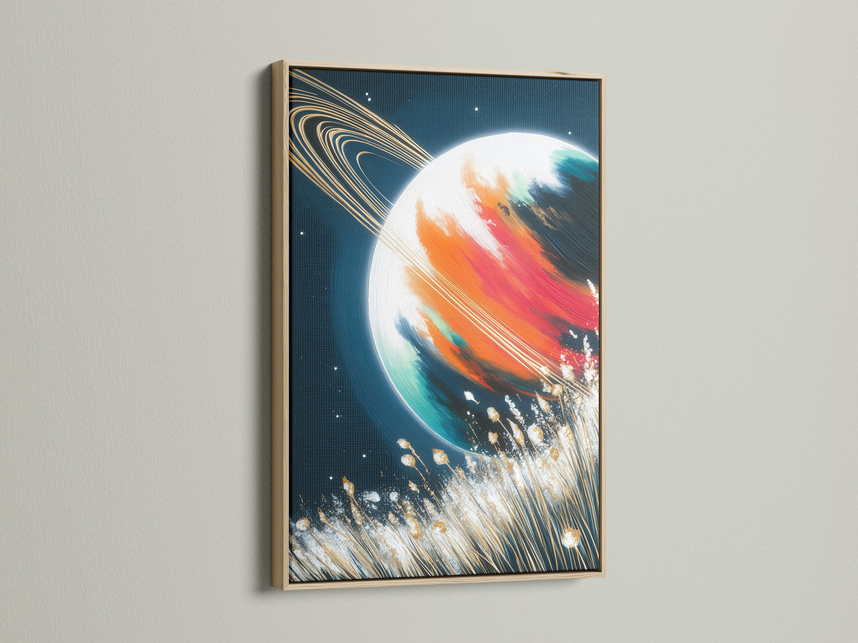 Saturn art displayed in an oak frame. This space canvas showcases galaxy wall art. The celestial decor brings a cosmic touch to any room. This abstract print is ideal as bedroom art. The planet artwork adds a modern touch. Discover this colorful art option.