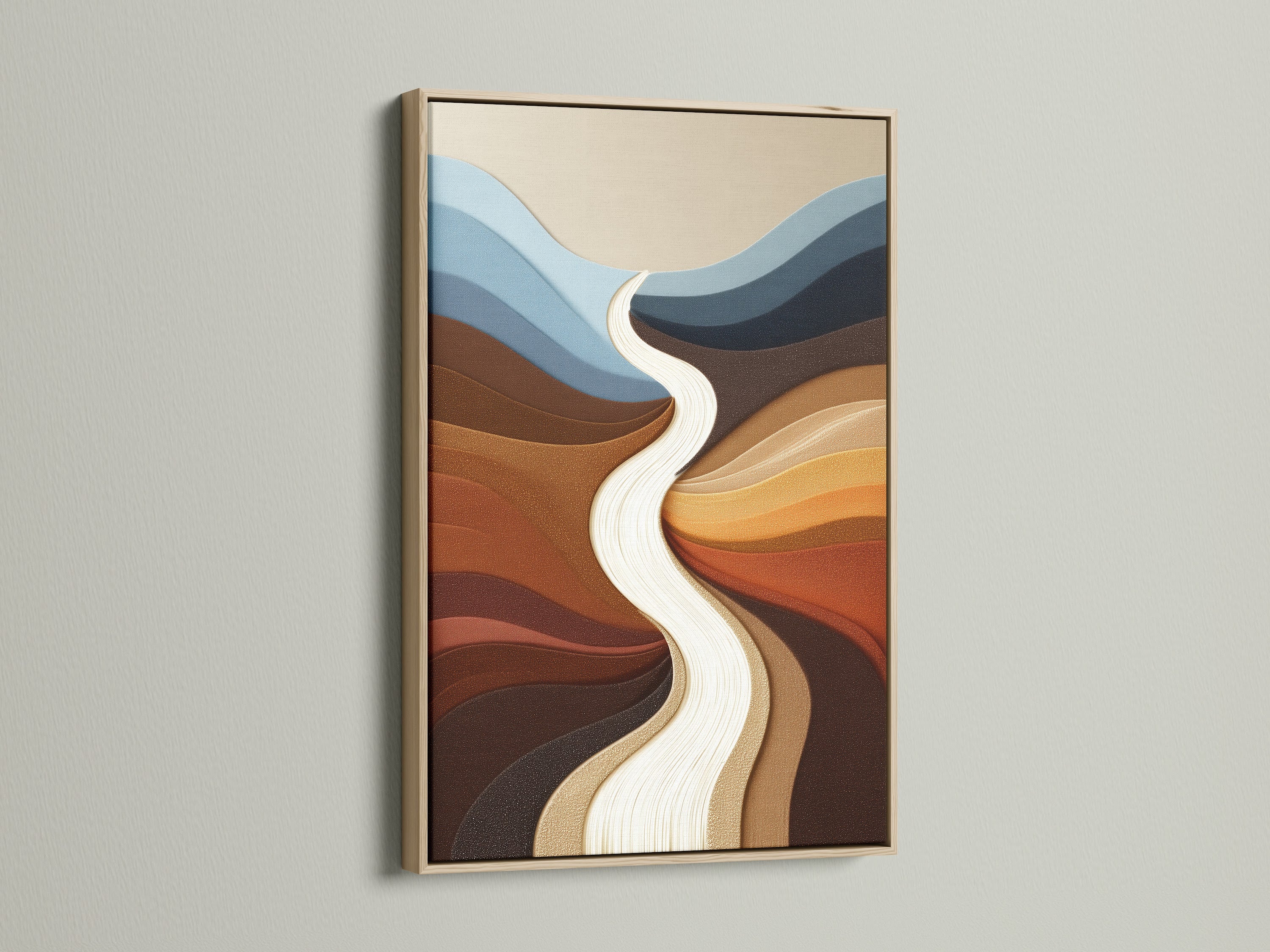 The abstract river art is showcased in an oak frame. The modern canvas art adds a touch of nature to any room. The earthy wall art complements minimalist decor. The flowing river print brings a sense of calm. Ideal for living rooms bedrooms and offices. Consider oak for a warm natural aesthetic.