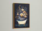 The zebra is enjoying a relaxing bath in this artwork. The floral moon art brings a touch of elegance. The artwork is framed in a gold frame. This animal canvas art is perfect for adding a touch of sophistication to your bathroom wall decor. Discover unique home art today.