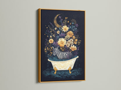 The zebra is enjoying a relaxing bath in this artwork. The floral moon art brings a touch of elegance. The artwork is framed in a gold frame. This animal canvas art is perfect for adding a touch of sophistication to your bathroom wall decor. Discover unique home art today.