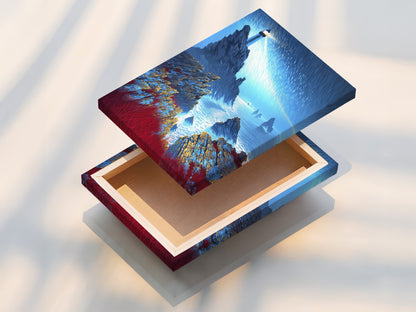 A stretched canvas print of a Lighthouse Seascape. This coastal wall art is ready to hang. The dramatic ocean artwork brings the sea to your home. Ideal for nautical decor and ocean lovers. This artwork captures a serene sea landscape. Enjoy the beauty of the coast