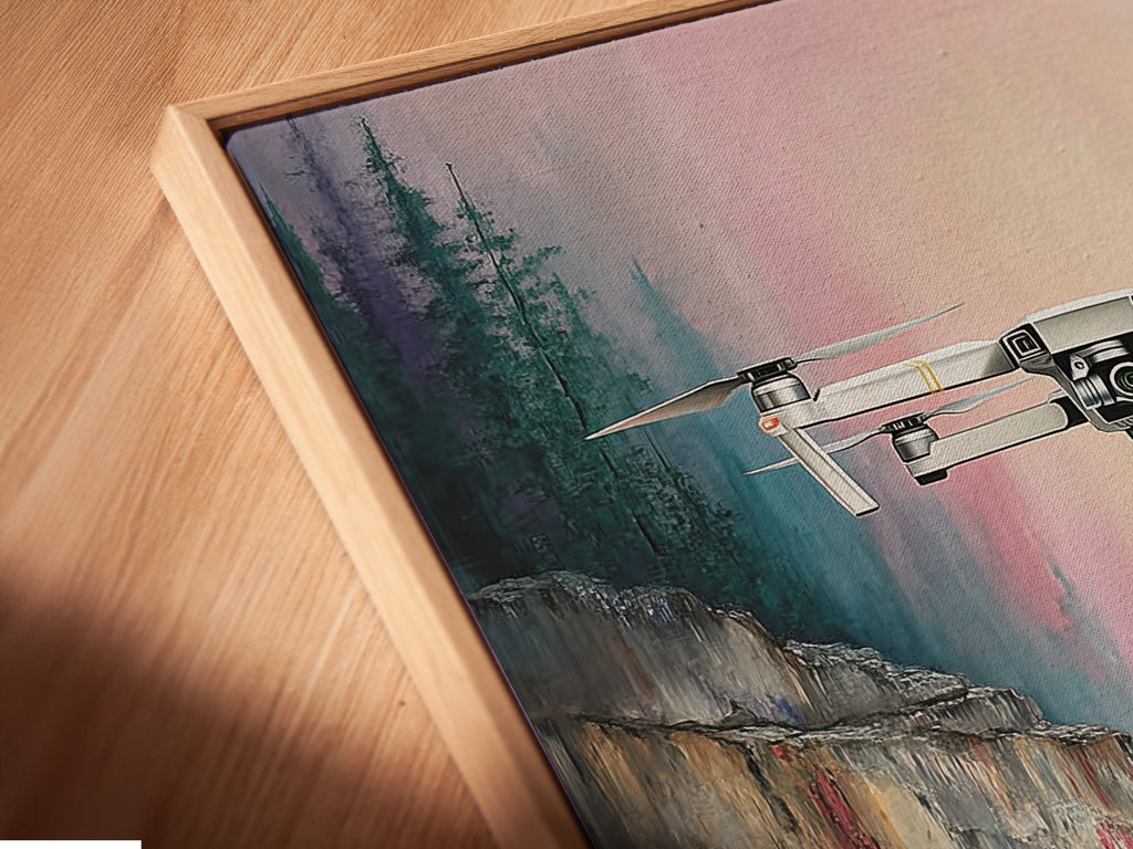 Angled close-up of a canvas print in a floating frame. This artwork features a drone flight over a mountain cliff. The floating frame adds depth to the aerial view photography. Ideal for modern office wall decor. The landscape print is beautifully showcased.