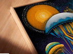 A close-up angle showcasing a canvas print in a floating frame. The jellyfish artwork appears to float on the wall. This surreal wall art adds depth and dimension to your space. Perfect for creating a modern and artistic focal point. The blue and gold colors enhance the visual appeal. This marine artwork is a unique wall decoration.