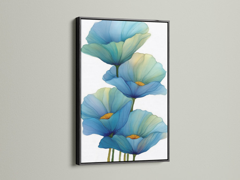 Displayed is a blue floral canvas print with a sleek black frame. The black frame enhances the teal flower poster. This modern artwork makes a bold statement. Find the perfect black framed botanical print for your home.