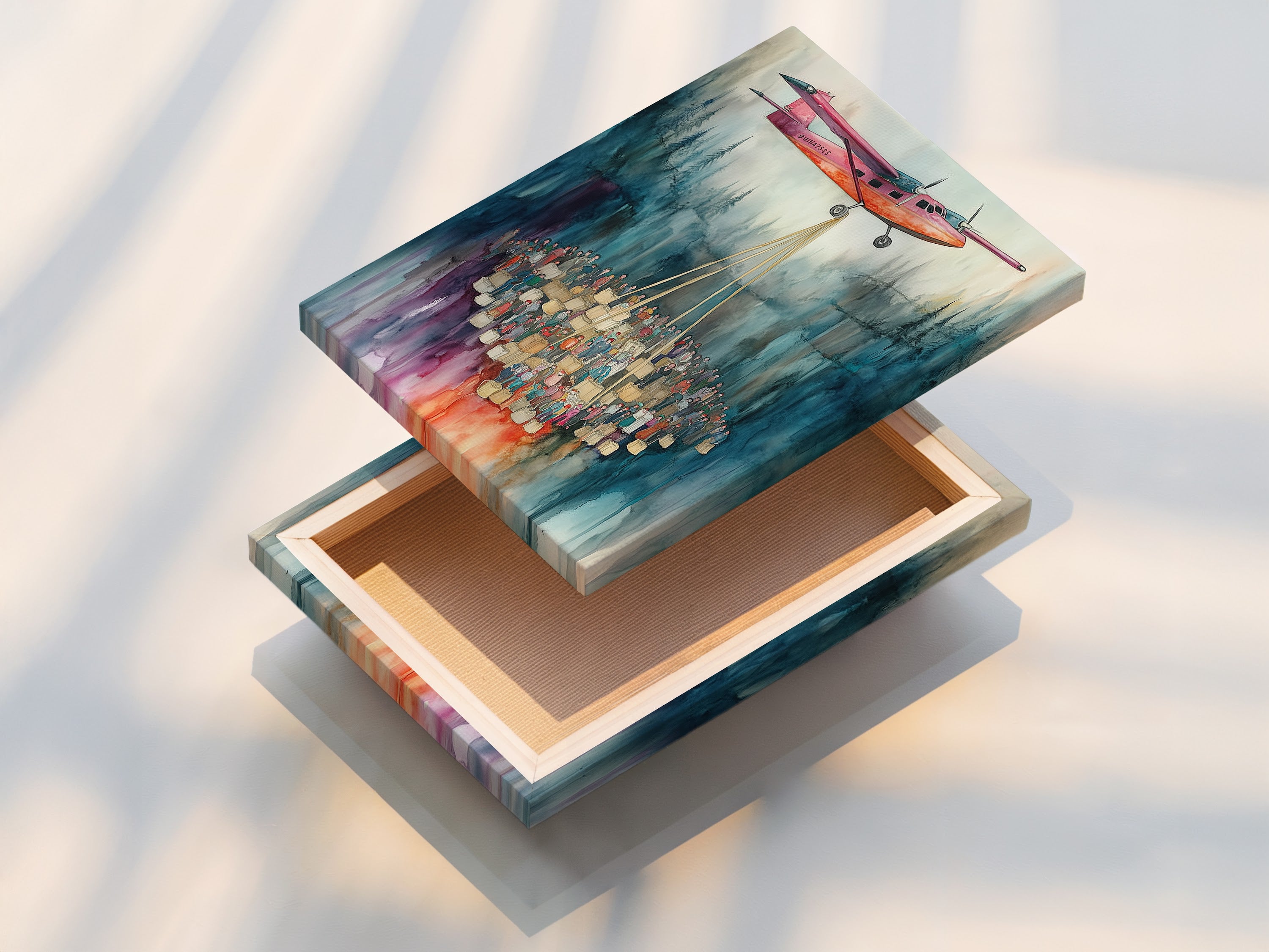 A stretched canvas print on display. The watercolor airplane artwork features a pink airplane and a crowd of people.  Ideal for adding a modern touch. Perfect for studios lobbies clinics cafés and boardrooms.