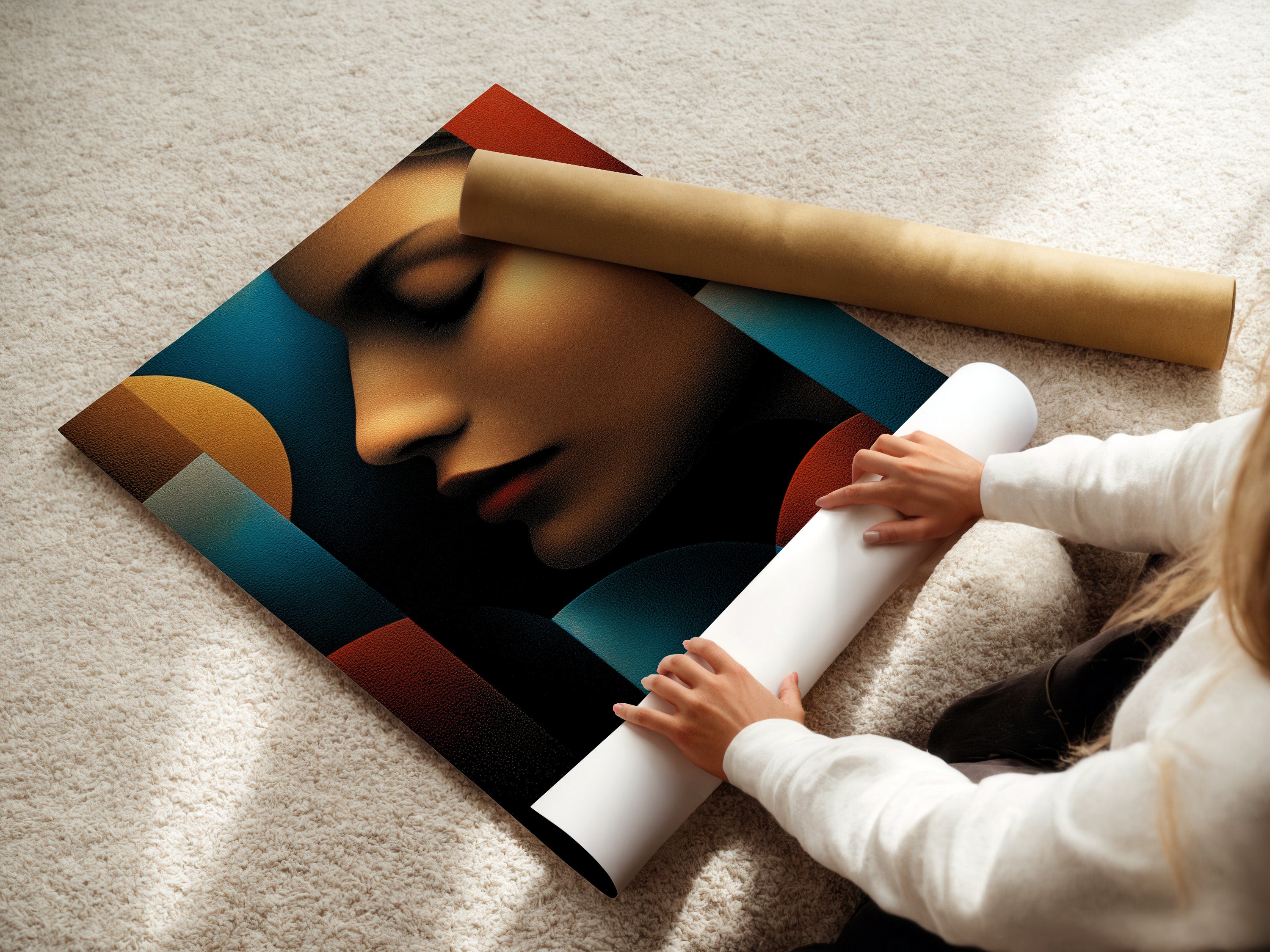 A woman is carefully rolling a fine art poster paper. The poster paper is high quality and smooth. This ensures the artwork is protected during shipping. The woman's hands demonstrate care and precision. The poster paper is ready to be framed.