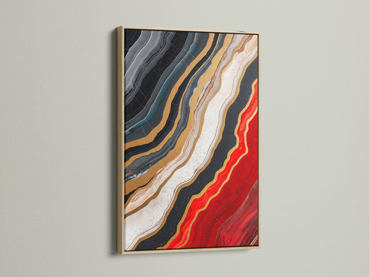 A captivating piece of abstract artwork is displayed in an oak frame. The artwork features a mesmerizing blend of black white and red hues. Golden accents add a touch of luxury. The natural wood grain of the oak frame enhances the artwork's warmth. Elevate your space with this striking piece of art.