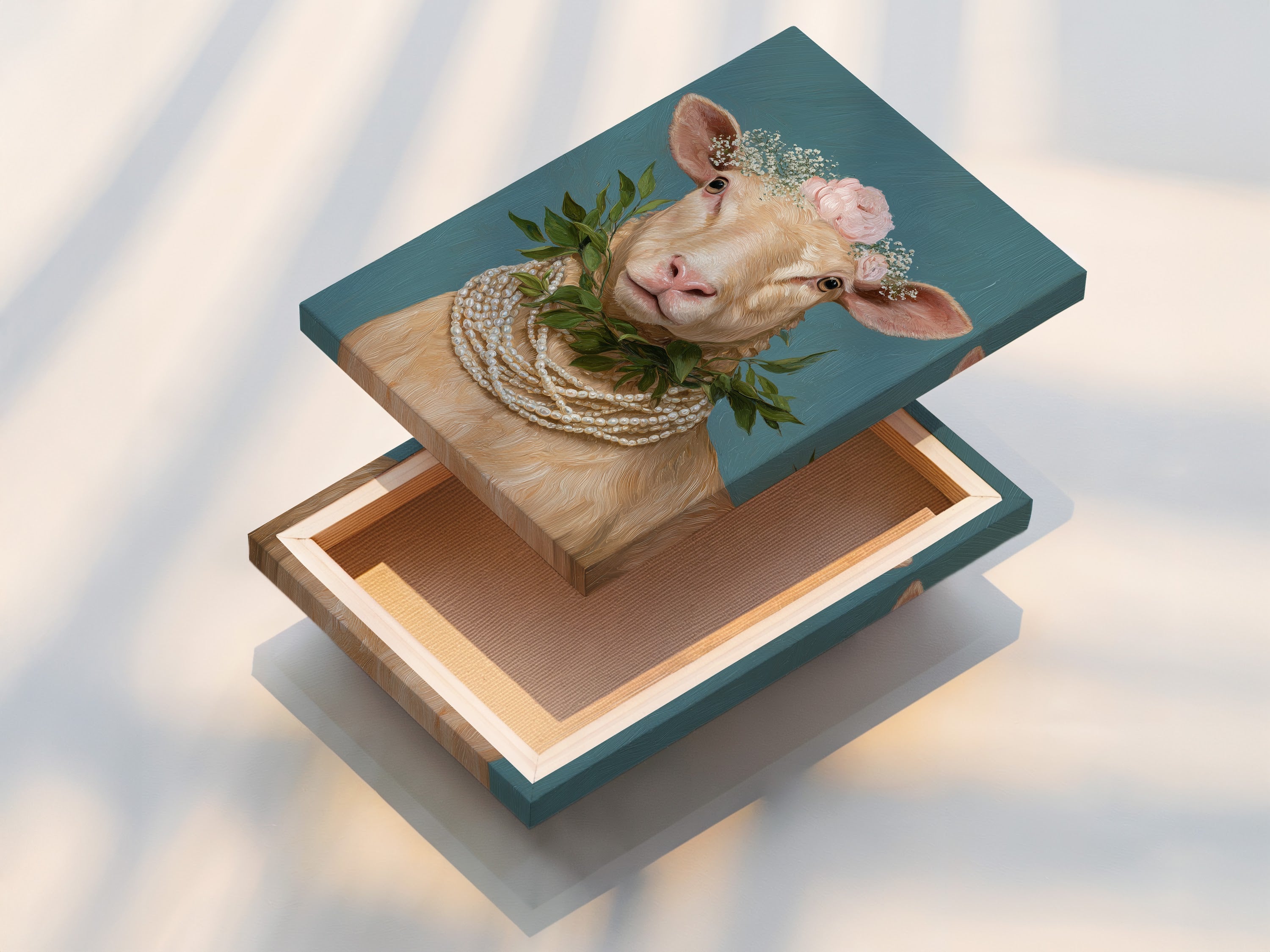 Stretched canvas print of whimsical sheep artwork featuring a floral crown and pearl necklace. This Country Wall Art is ready to hang. Perfect Farm Animal Print for Nursery Wall Decor. Add this cute animal print to your space.