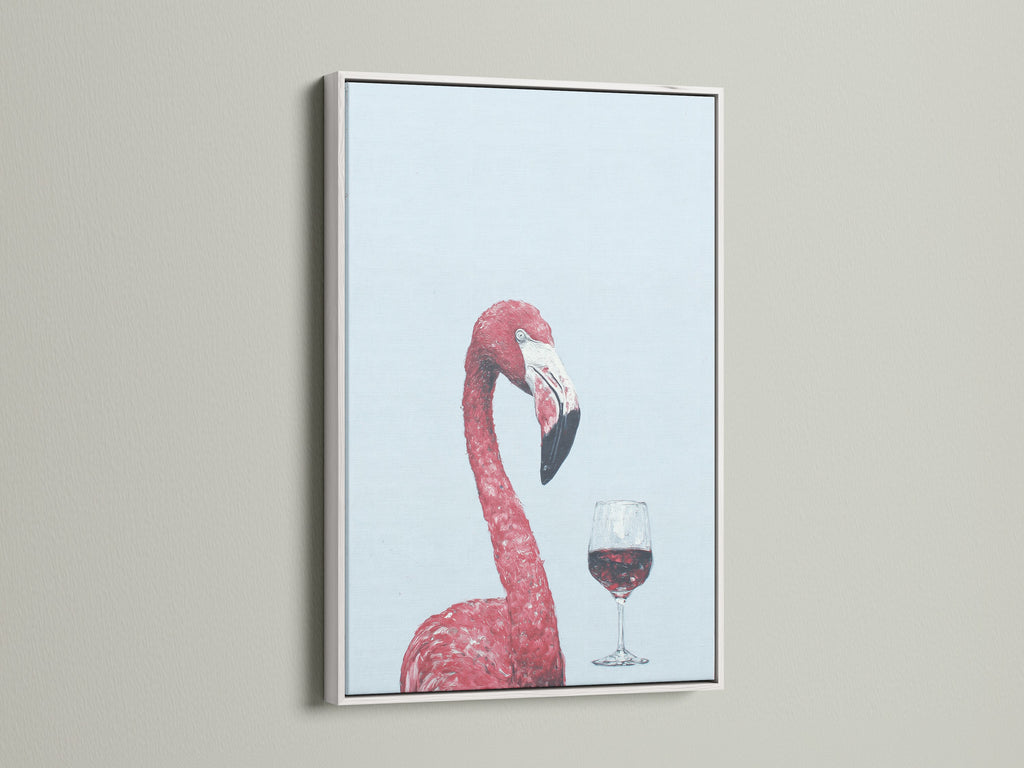 Framed in white this pink flamingo art print adds charm. This tropical bird canvas print is perfect for kitchen wall decor. Add a whimsical touch with this animal artwork.