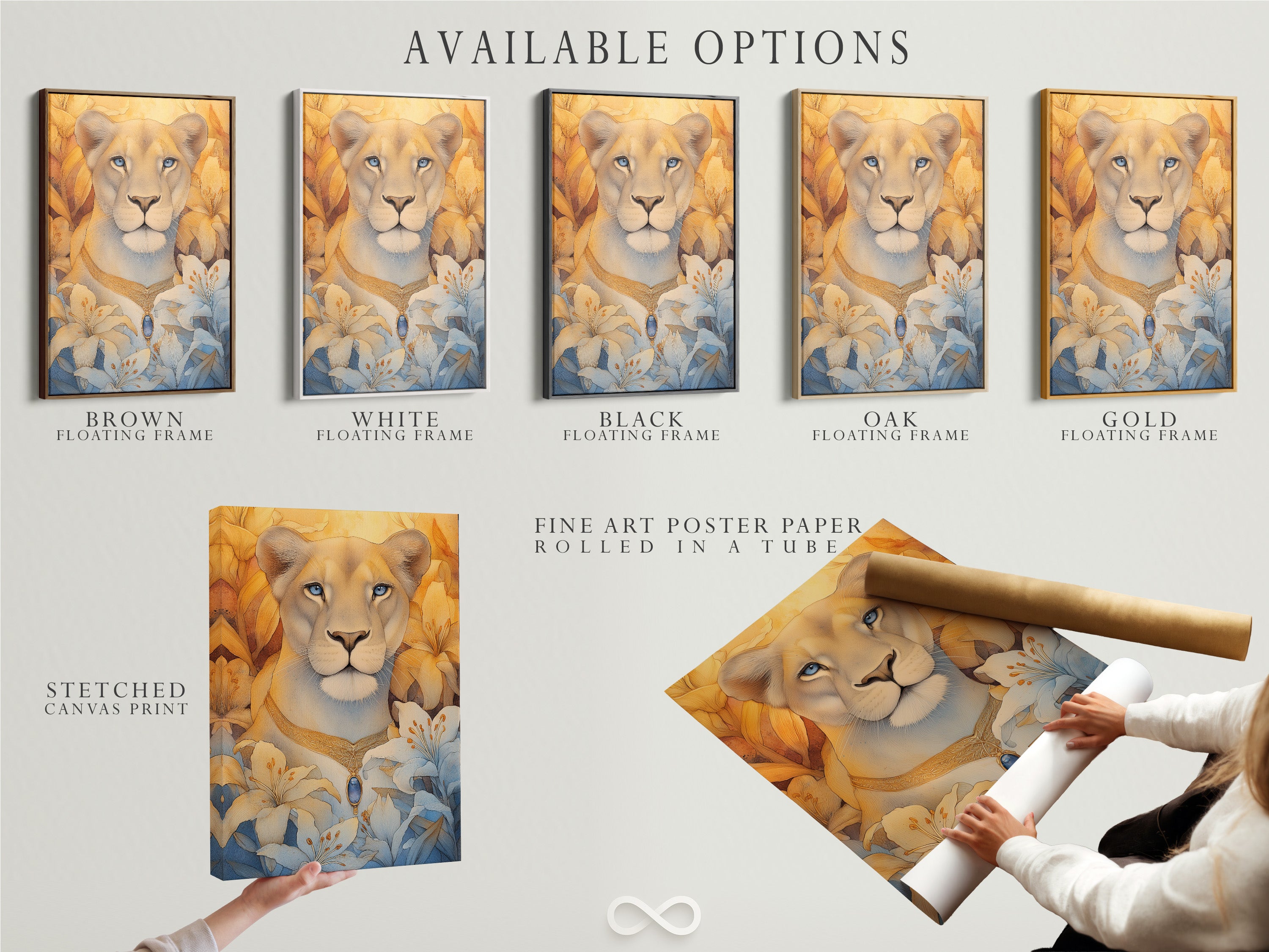 Available options for the Lioness Portrait art. Choose from stretched canvas print fine art poster paper or floating frame. Customize your artwork to match your style. Create a unique and personalized wall decor. Explore our options today