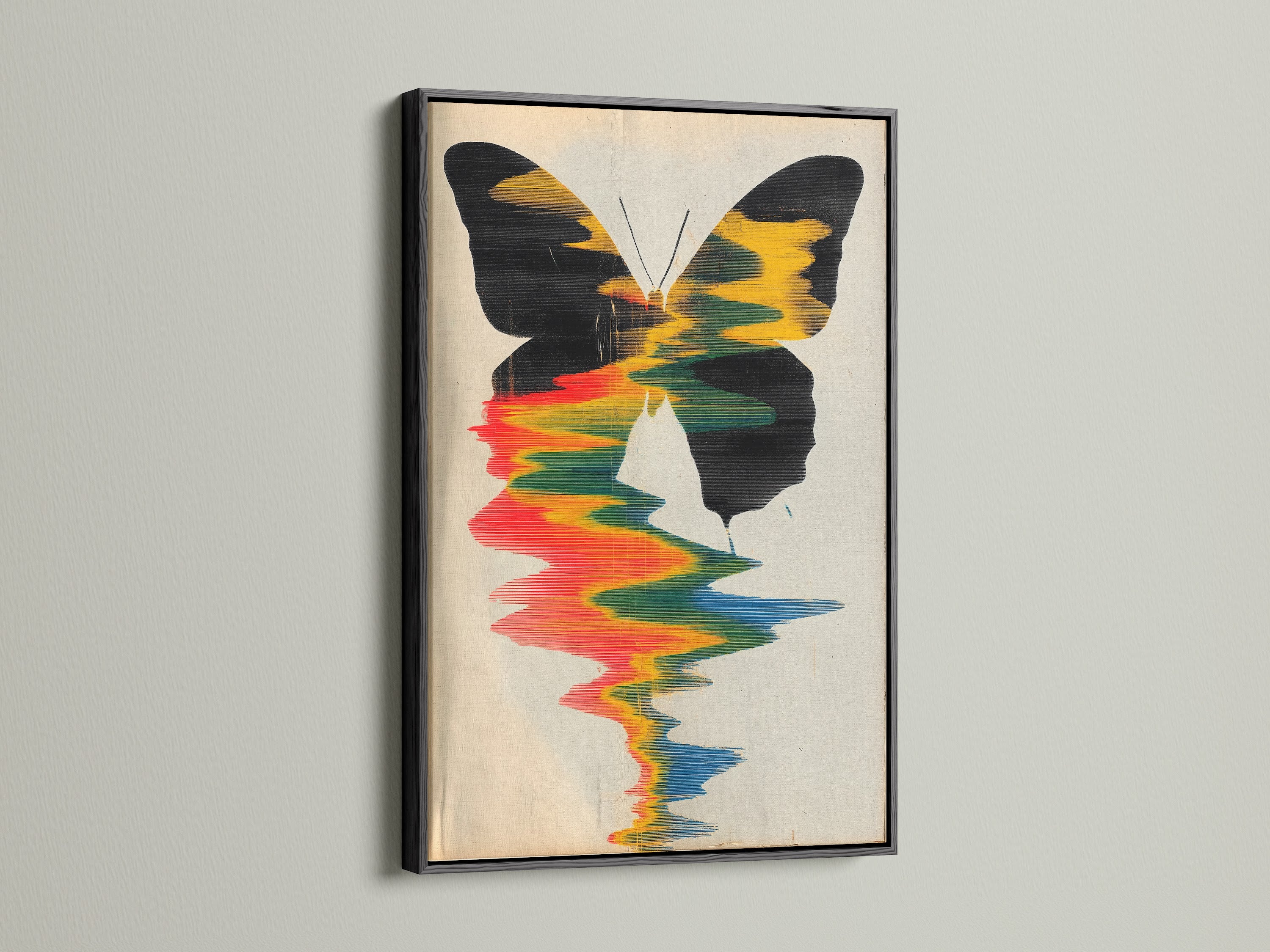 Butterfly artwork framed in a sleek black frame. The black frame contrasts beautifully with the colorful artwork. This is a great choice for a sophisticated and contemporary look. View our black framed art prints now