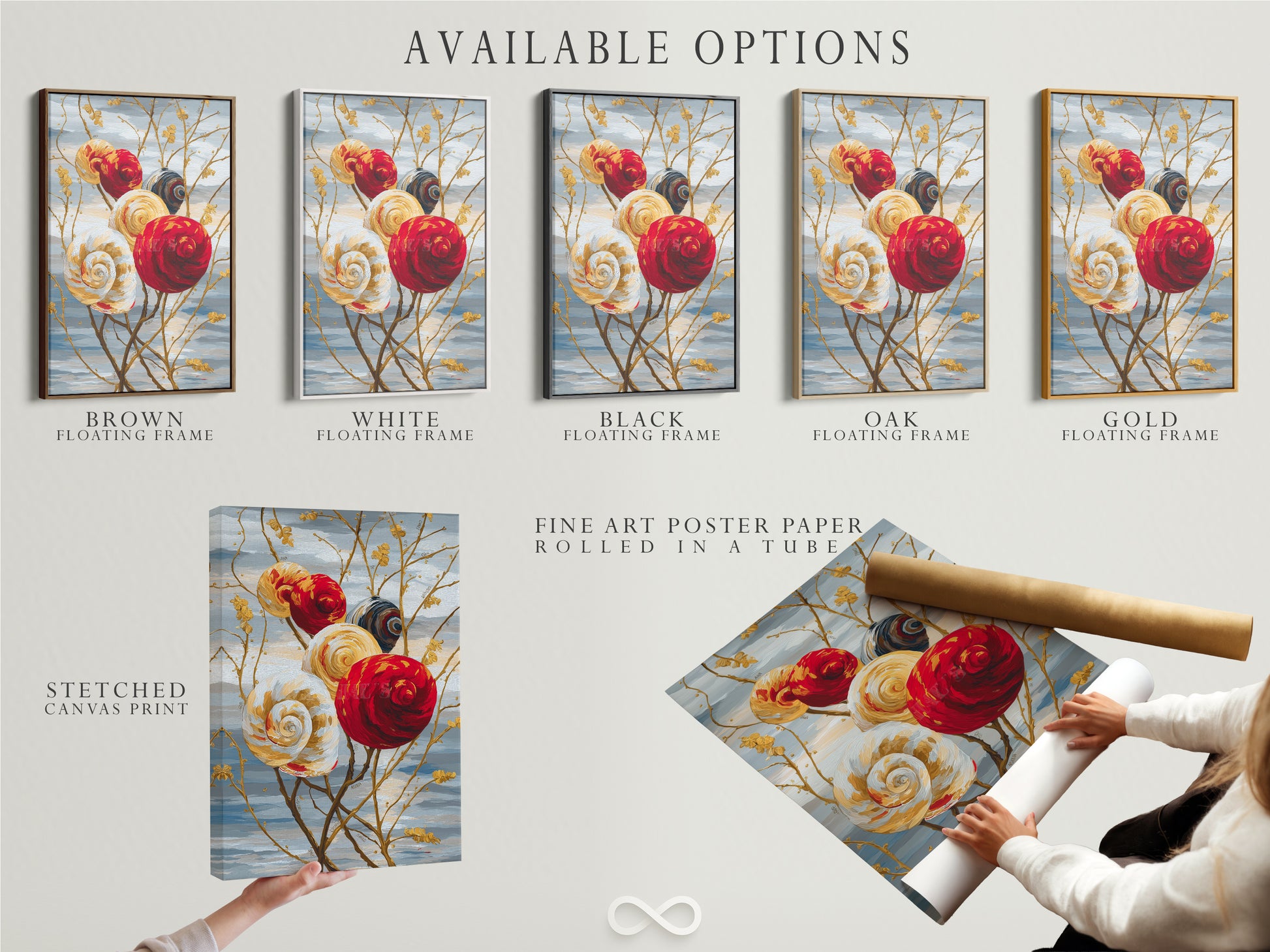 Available options: stretched canvas print fine art poster paper and floating frame. Choose the perfect style for your spiral flower artwork. Customize your botanical artwork today. Shop now.