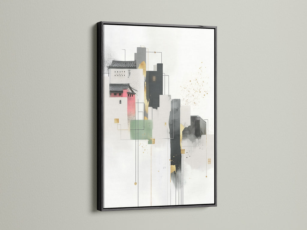 A black frame elegantly displays an abstract cityscape artwork. See the modern architecture in this geometric wall art. Ideal for creating a sophisticated office decor. The minimalist art features building artwork with neutral tones. Notice the subtle gold accents enhancing the design. A perfect contemporary art piece for scandi decor and urban art lovers.